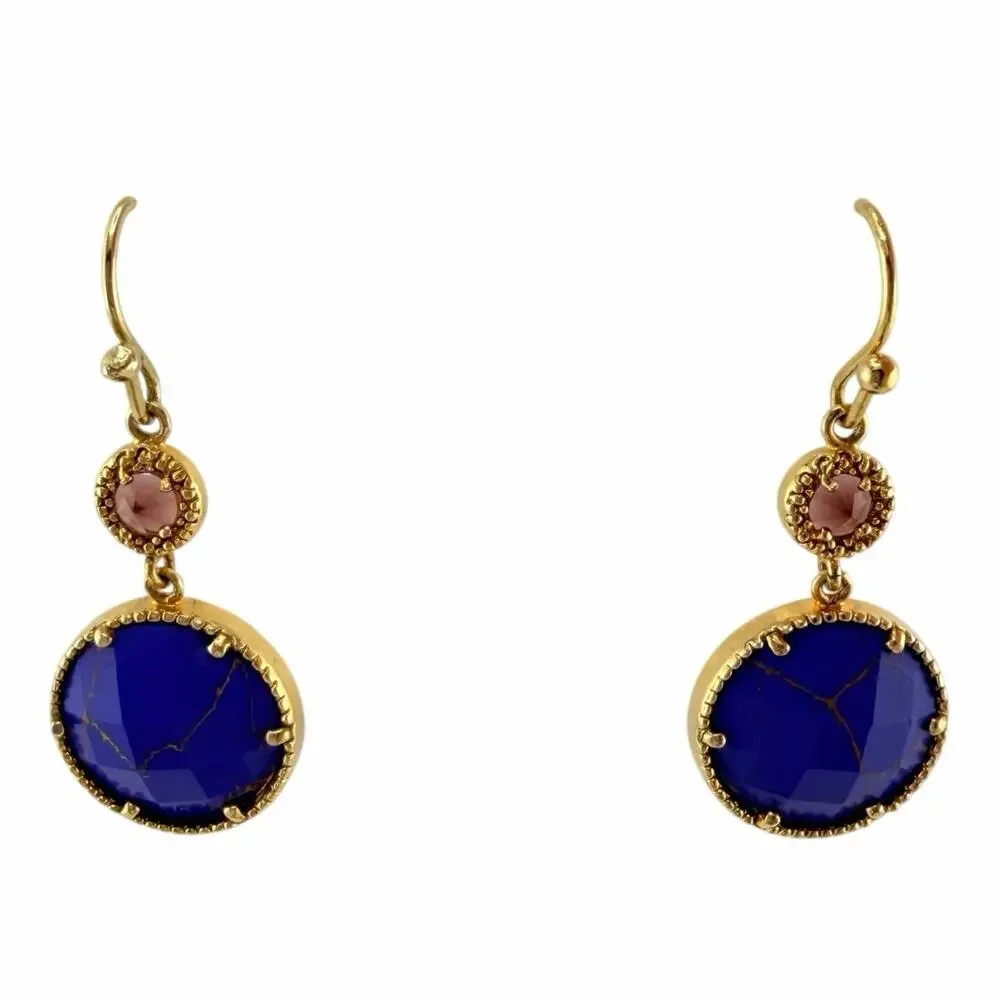 Modern Dainty Elegant Faux Lapis Pink Crystal Dangle Gold Tone 1.25